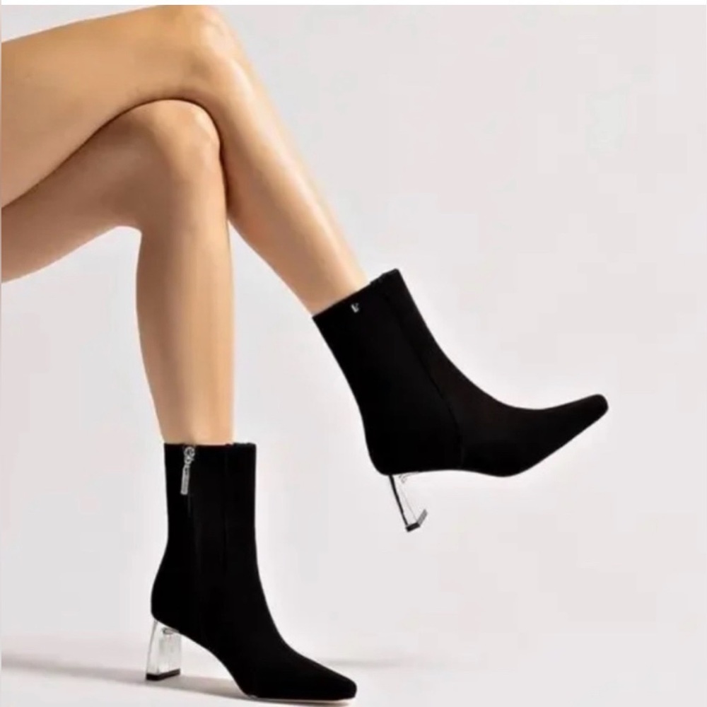 Larroude Alexis Bootie In Black Suede and Silver Heel